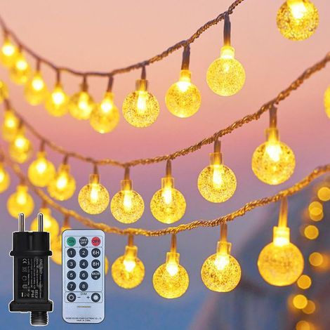 Guirlande Lumineuse LED Boules 15M 100LED Blanc Chaud, Extérieur Intérieur, avec Télécommande, 8 Modes d'Éclairage, Guirlande Étanche avec Prise pour Jardin, Terrasse, Balcon, Fête