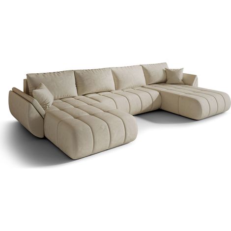 Canapé d’angle velours panoramique convertible avec coffre LUMEN-Blanc cassé (1/3)