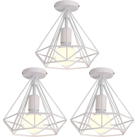 Lot de 3 Plafonnier Industriel Rétro Lampe de Plafond Intérieur Éclairage Cage Métal Ø26CM Blanc E27 pour Salon Chambre Café Bar Restaurent (1/5)