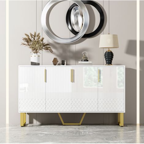 MEUBLIV Sideboard 140x40x80 cm Weiß Hochglanz – 4 Türen, geometrische Muster (1/5)