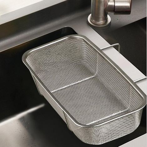 Panier d'angle suspendu rectangulaire argenté en acier inoxydable (2 pièces) - Filtre et passoire latéraux - Déchets alimentaires et linge - Lot de 2 (1/4)