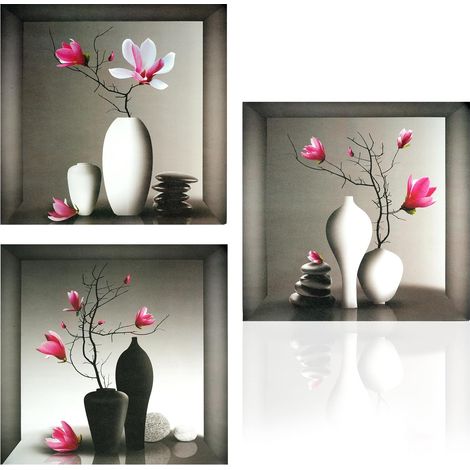 Pegatinas florales para pared, juego de 3, diseño 3D, ideales para decorar paredes en salas de estar, dormitorios, recibidores, etc. (30 x 30 cm)