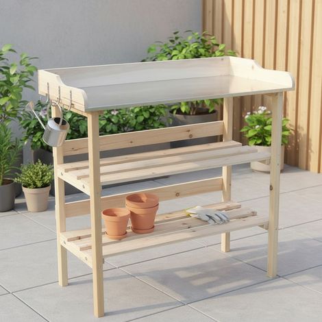 Mucola – Table de jardinage en bois d'épicéa 84x78x38 cm – 2 étagères de rangement – 3 crochets latéraux – Surface de travail stable