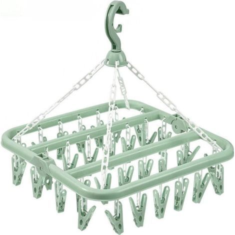 Perchero colgante verde con 32 pinzas, resistente al viento, para calcetines/ropa interior. (1/3)