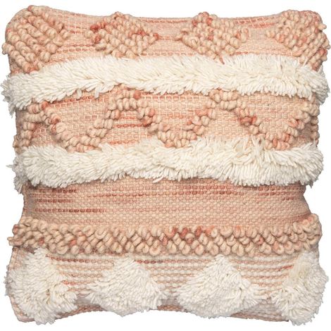 Coussin bohème frangé en laine rose crème
