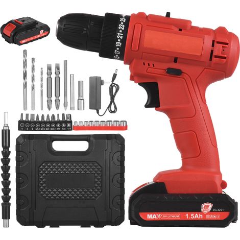 Perceuse-visseuse électrique sans fil portable 21 V, mandrin 3/8 pouce, batterie 1,5 Ah, chargeur rapide, manchons d'embouts, rallonge, lampe de travail LED, 2 vitesses variables, couple 25+1 Nm (1/5)