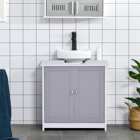 Waschtischunterschrank mit zwei Türen und verstellbarem Einlegeboden, platzsparender Badezimmerschrank mit U-förmigem Ausschnitt, 60 x 30 x 60 cm, Weiß und Grau