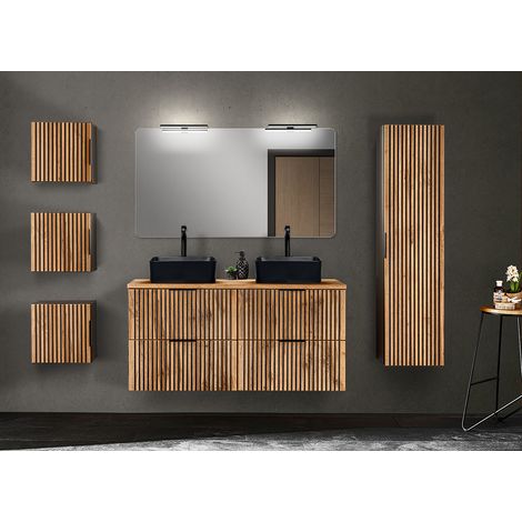 Badezimmer Komplett Set mit Doppelwaschtisch 121 cm Rillenfronten XANTEN-56 in anthrazit mit Eiche Nb., B/H/T: ca. 221/200/46,5 cm (1/5)