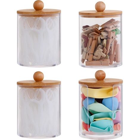 Porta cotton fioc, confezione da 4, 14,5 x 10,5 cm, rotondo in plastica, organizer/dispenser per cotton fioc da bagno, per batuffoli e dischetti di cotone. (1/5)