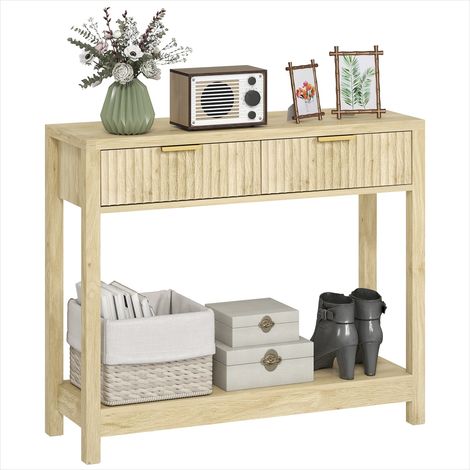 Console Table en bois naturel 90 cm 2 tiroirs et étagère (1/5)
