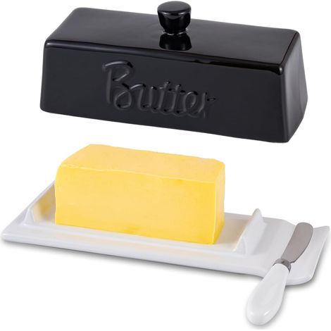 Beurrier Céramique avec Couteau - Design Allongé Moderne, Boîte à Beurre avec Couvercle pour Table et Réfrigérateur - pour Beurre en Bâtonnet ou Demi-Motte 250g - Noir (1/5)