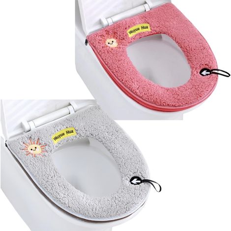 2 pièces Universel Coussin de siège de toilette avec boucle de suspension, Housse de siège de toilette lavable, douce et chaude pour salle de bain (Gris+Rose) (1/5)