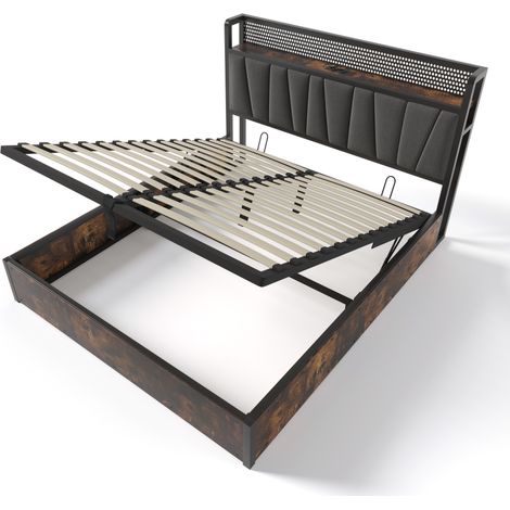 Letto matrimoniale imbottito in metallo grigio 180 x 200 cm con LED, USB e prese (1/5)