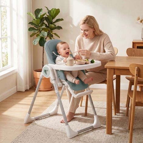 Chaise pliante en carton pour enfants de 6 à 36 mois, Hauteur réglable, Double plateau lavable et roulettes, Vert (1/5)