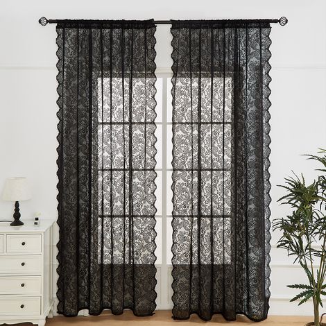 Ensemble de deux rideaux en dentelle voilage haut de gamme, laissant passer la lumière, à tringle, noirs, 140 cm de large x 160 cm de haut (1/4)