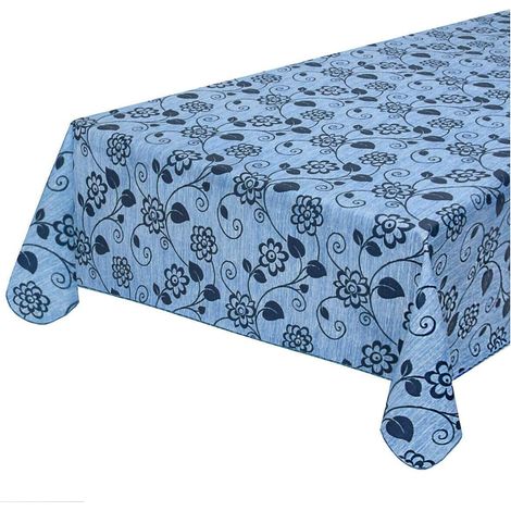 Tovaglia Antimacchia Cucina Fiori Vettoriali Bordata Cotone Plastificato Proteggi Tavolo Copritavolo Blu - 135x180 cm