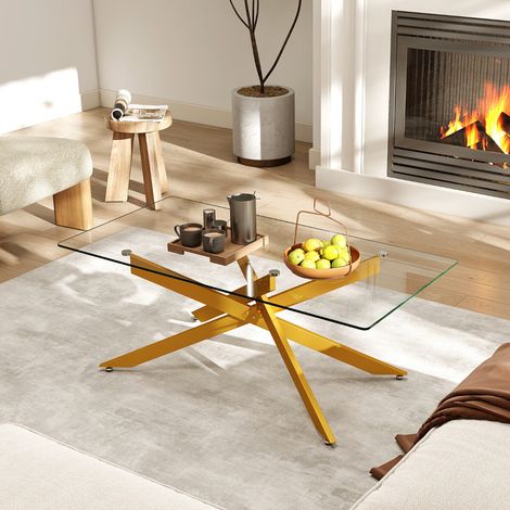 Glass Coffee Table, Rectangular Center Table with Tempered Glass Top & Tubular Metal Legs, Table 120 x 60 x 45.5 cm, Gold (1/5)