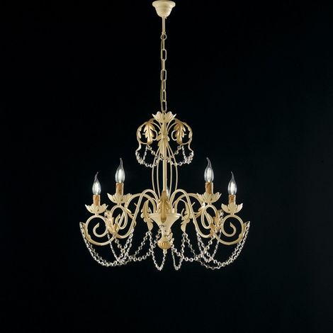 Lámpara de araña en hierro marfil decape y damasco de diamantes de imitación de oro cinco luces 63x h65 cm