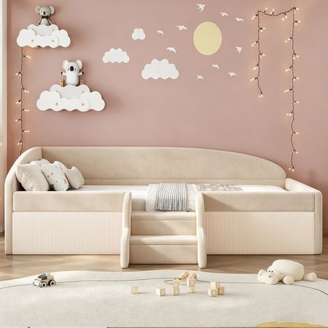 Lit enfant capitonné 90 x 190 cm, lit multifonctionnel avec marches et barrières, revêtement en velours doux pour la peau, sans matelas, beige