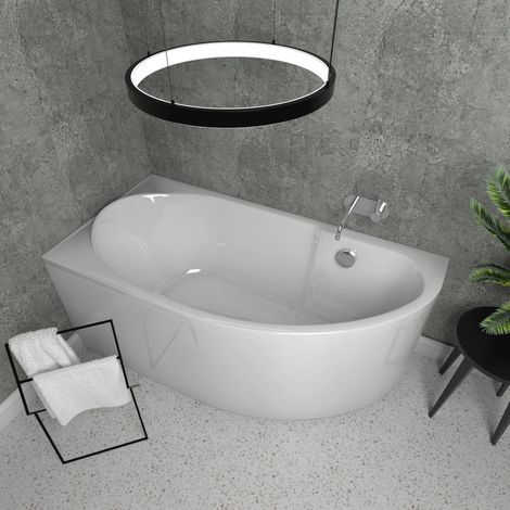 ECOLAM Baignoire d'angle Miki Polimat 145x85 cm gauche + tablier pieds siphon + silicone Baignoire modern blanche (1/5)