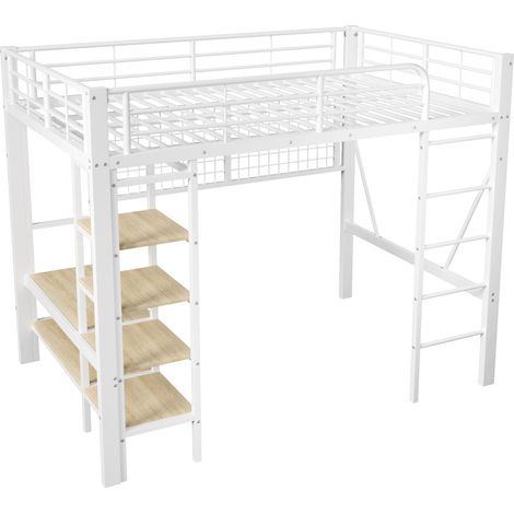 Letto a soppalco 140 x 200 cm in metallo e MDF, con LED, barra appendiabiti, bianco (1/5)