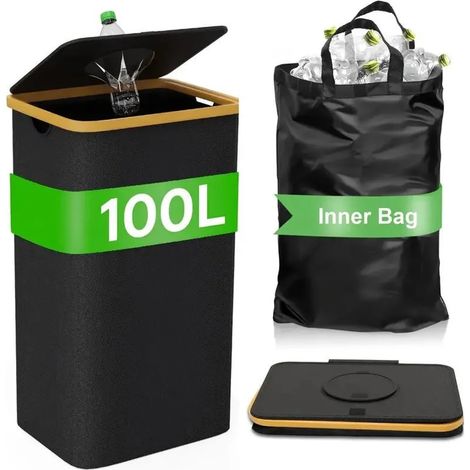 Conteneur de tri de 100 L avec couvercle, sac intérieur réutilisable inclus, pour cuisine, bureau ou extérieur, grand bac pour bouteilles vides (1/5)