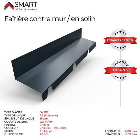 Bravo The Smart Solution – Faitière en solin TR45 – Bac acier 2.10m – Épaisseur 0.63mm – Coloris gris bleu RAL 5008 – Finition esthétique pour toiture