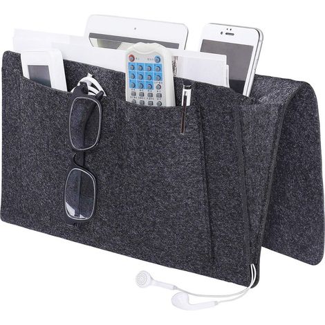 Gris foncé Organisateur de Caddie, Poche de Lit Caddie de Chevet en Feutre Bedside Pocket Sac de Rangement avec Câble de Recharg pour Téléphone, Télécommande, Journal, Stylo, Magazine, Lunnettes (1/5)