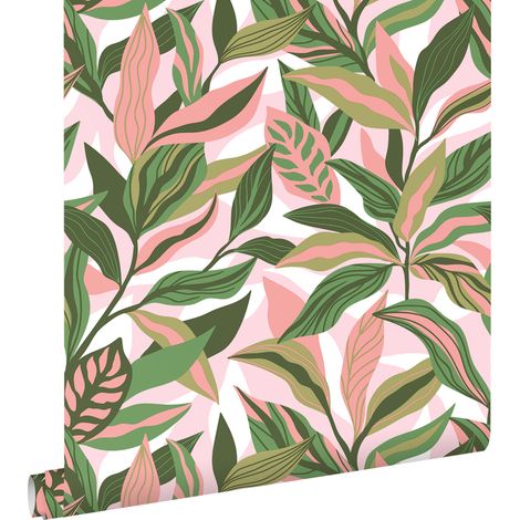 papier peint feuilles tropicales vert et rose - ESTAhome (1/5)