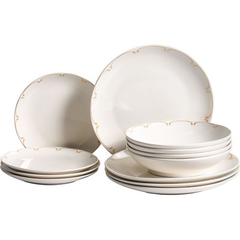 Set of 12 Dinnerware White and Gold Decorative Edges Porcelain Transparent Glaze Finish Kitchen Dining Room CHAROLI