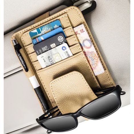 (beige) Pare-soleil de voiture avec porte-cartes de visite, porte-stylo, organiseur CD/DVD, boîte de rangement, clip pour lunettes de soleil, accessoires de voiture (1/5)