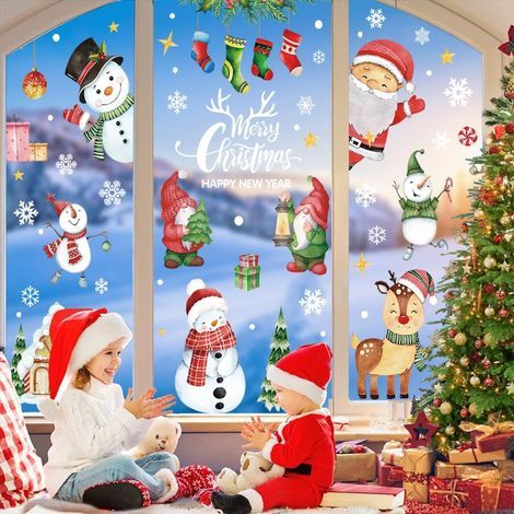 Stickers Decoration Noel Fenetre Aquarelle, 10 Feuilles Autocollant Noel Fenetre Réutilisables, Double Face Electrostatique Stickers Vitre pour Decoration Noel Interieur Maison (1/5)