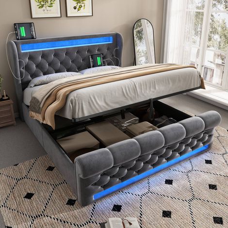 Lit double 160x200 cm avec tête de lit LED, rangements et ports usbc, système hydraulique, velours gris, sans matelas (1/5)