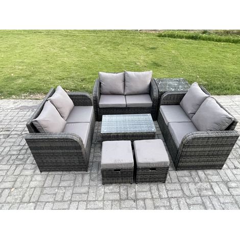 Fimous Outdoor Garden Furniture Sets 8 Seater Wicker Rattan Furniture Sofa Sets with Rectangular Coffee Table Love Sofa Side Table 2 Small Footstools Dark Grey Mixed (1/5)
