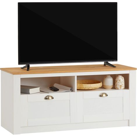 Idimex – Meuble TV en pin massif blanc et brun – 2 tiroirs – 2 niches – Dimensions 50 x 110 x 40 cm – Style classique (1/4)