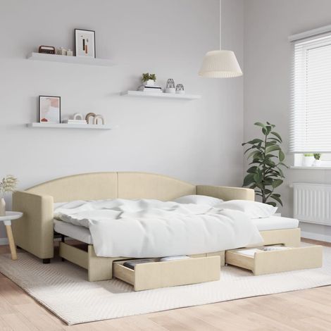 Tagesbett Ausziehbar mit Schubladen Creme 90x200 cm Stoff (1/5)
