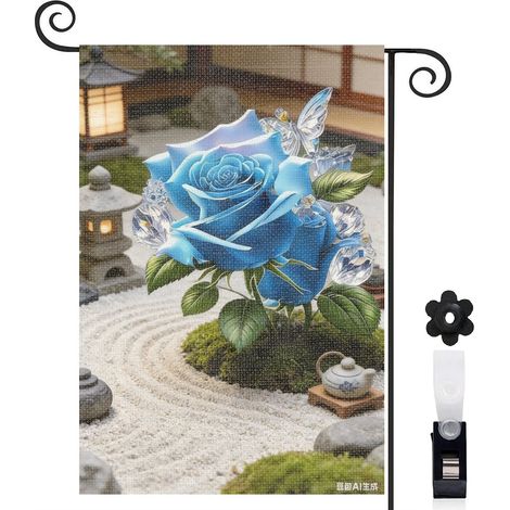 Drapeau de jardin herbe verte et roses bleues lumineuses 30 x 45 cm décoration terrasse et extérieur (1/5)