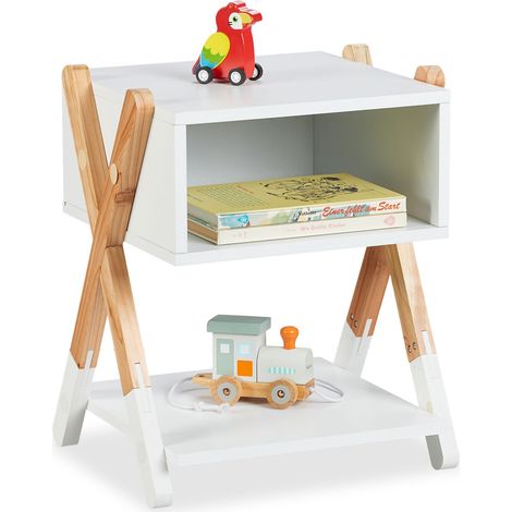 Relaxdays Nachttisch Kinder, offenes Fach, HBT 42x34x30 cm, Kinderzimmer, Kinderkommode X-Design, Holz & MDF, weiß/natur