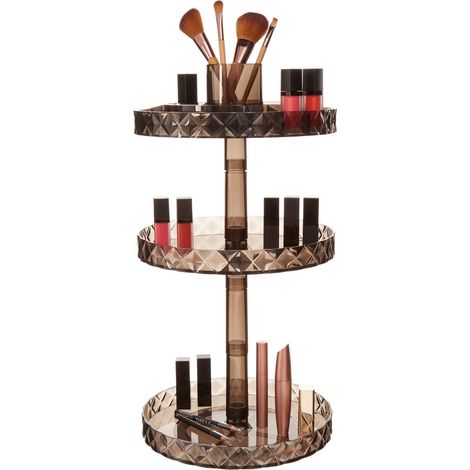 Premier Housewares Cosmetic Organiser With 3 Tier Black Round Compartments Clear Diamond Multipurpose Storage Statement Piece for Dresser / Bathroom With Rotating Base W26 X D26 X H55cm. (1/5)