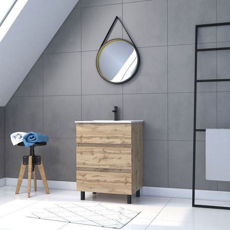 Mueble de baño 60cm Acabado Roble - Cajones - Lavabo blanco + Espejo Barbero - TIMBER 60-Pack42