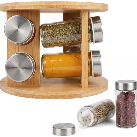 Relaxdays Gewürzkarussell, 8 Gewürzgläser, 360° drehbarer Gewürzständer, H x D: 15 x 19 cm, Bambus, Gewürzregal, natur (1/5)