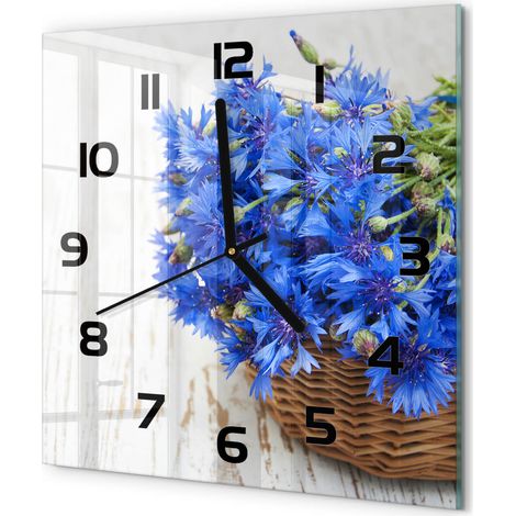 Horloge Murale Carrée pour Cuisine Verre Trempé Silencieuse Décoration Moderne Bleuets dans un panier 30x30 cm (1/5)