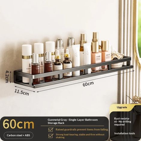 (Gris 60 cm) Étagère de salle de bain à ventouses sans perçage, étagère murale en aluminium pour toilettes. Organisateur de salle de bain à suspendre au mur. (1/5)