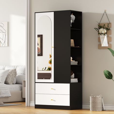Mueble de entrada 80x40x180 cm, con espejo, 2 cajones y 4 estantes, color blanco y negro (1/5)