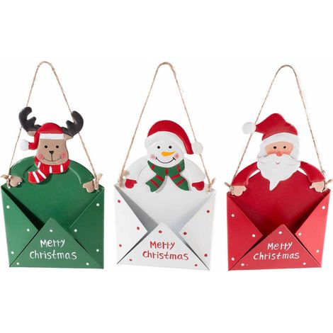 Porta letterina di Natale in metallo con personaggio e vano riempibile da appendere, set da 6 pezzi, cm 10 x 17 H