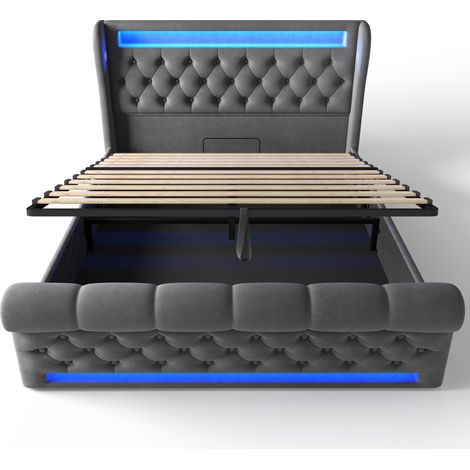 Lit double coffre 140 x 190 cm en velours gris avec LED, ports USB et Type-C, MODENUIT (1/5)