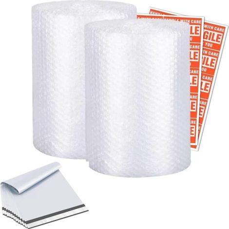 Lot de 2 rouleaux de film à bulles avec 10 sacs d'expédition en plastique - Total de 22 m x 30 cm - Idéal pour l'expédition, l'emballage et le déménagement - 100 % recyclable - Film à bulles (1/5)