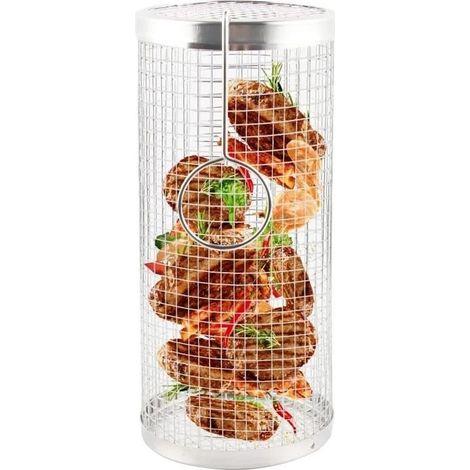 1 panier à griller pour barbecue, grille ronde en acier inoxydable, panier à griller cylindrique à roulettes pour barbecue, grille de cuisson (1/4)