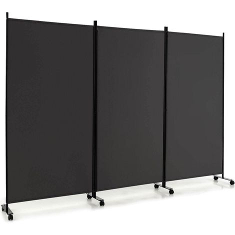 Paravent 3 panneaux gris en polyester avec roues verrouillables et structure métallique pliable pour salon chambre et bureau (1/5)