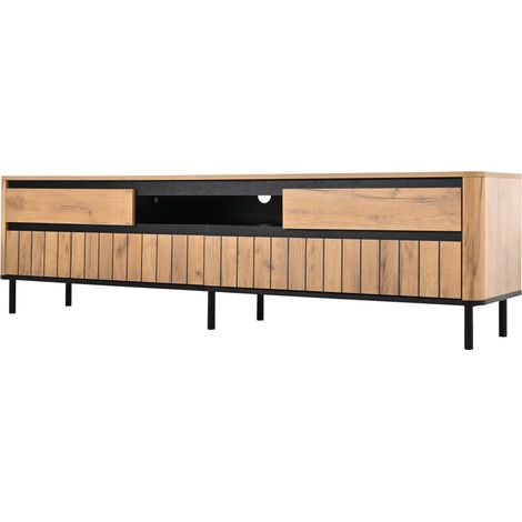 Mueble TV 180x40x52 cm con 2 cajones y 2 puertas abatibles, MDF y metal, color natural y negro (1/5)